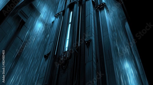 A dark, futuristic building facade with vertical lines and glowing neon blue lights, suggesting a rainy, moody atmosphere. The perspective is looking up at the