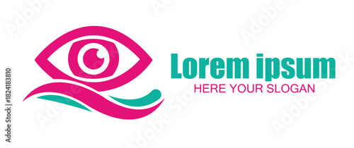 Abstract eye icon in pink and teal, symbolizing vision, insight, and focus, with placeholder text, isolated on white background