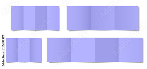 Set of light purple folded paper sheets. Double gate fold. Vertical pages. Blank booklet. Four panel accordion fold	