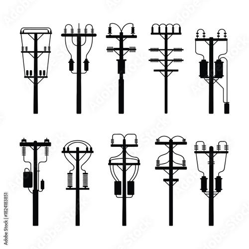 Set of black silhouettes of electric poles and power transmission lines isolated on transparent checkered background illustration