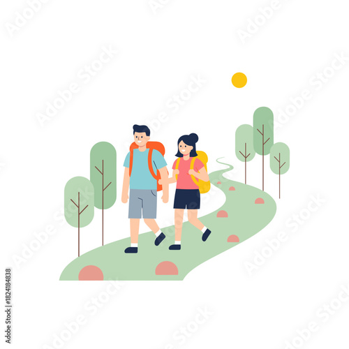 Young couple hiking together on a sunny trail surrounded by trees  
