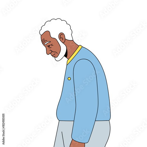 Elderly Black man looking down with a sad expression in casual attire  