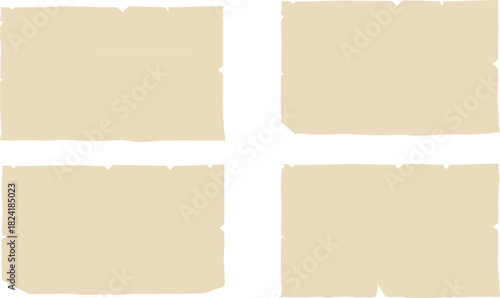 Blank parchment icon vector—four aged paper sheets with rough edges for vintage backgrounds, scrapbooking, and historical design visuals