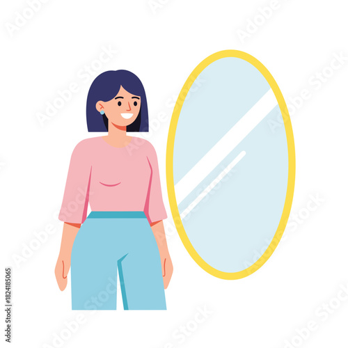Smiling woman standing in front of a mirror with yellow frame  