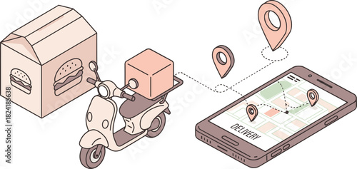 Food delivery icon vector—scooter, takeout box, and smartphone with map for mobile ordering and real-time tracking visuals