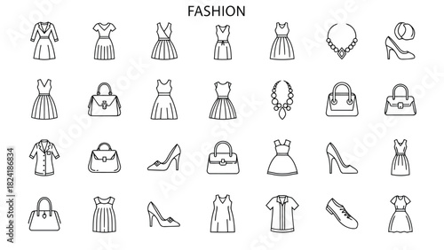 Fashion Outfits, Clothing Designs, Dresses, Accessories, Shoes & Stylish Wear Line Icons for Fashion and E-Commerce UI