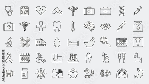 Medical Tools, Healthcare Equipment, Hospital Treatment, Diagnosis, Wellness & Clinical Service Line Icons for Health Platforms