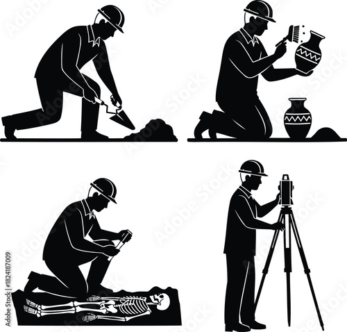 Archaeologist Silhouette Set with Excavation and Survey Scenes