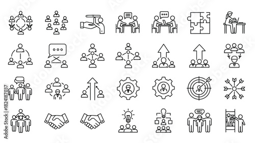 Business Workflow, Team Collaboration, Strategy Planning, Organization & Corporate Process Line Icons for UI/UX Platforms