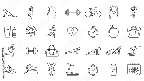 Workout Equipment, Exercise Tools, Gym Training, Sports Activities & Health Tracking Line Icons for Fitness Platforms