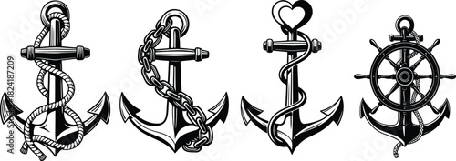 Nautical Anchor Emblem Set with Rope Chain Heart and Helm
