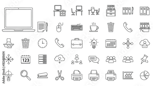 This office and communication icon pack features desks, chairs, desktop computers, telephones, briefcases, coffee mugs, calculators, calendars, printers, cloud storage symbols, team icons, chat bubble