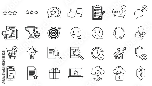 This emoji and expression icon pack contains minimal line-style faces representing various emotions such as happiness, sadness, confusion, anger, and surprise. Designed for chat systems, social media 