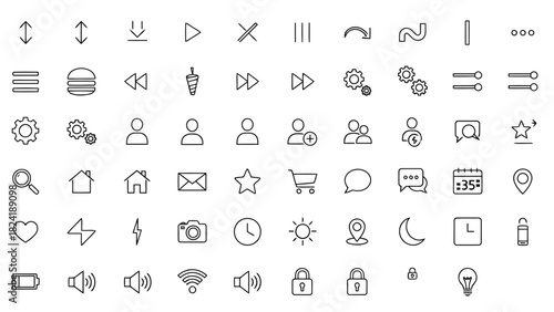 This user interface and communication icon pack features profile icons, group symbols, chat bubbles, email signs, notification stars, likes, camera icons, sun and moon mode indicators, and security lo
