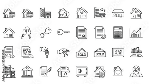 This real estate and home management line icon set includes house symbols, property documents, keys, sold signs, home security elements, location indicators, and basic utilities. The icons appear to f