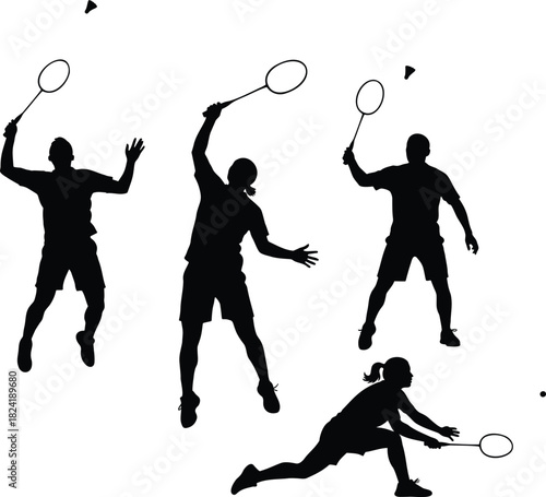 Badminton player silhouettes smashing, serving, and lunging for shuttlecock