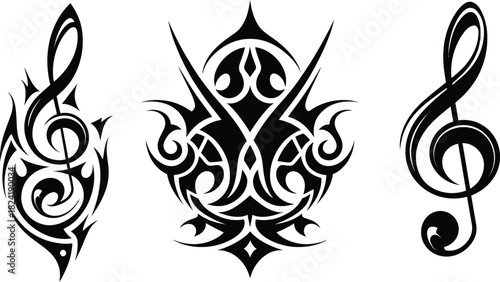 Tribal Tattoo Vector Set, Stylized Treble Clef and Abstract Ornaments
