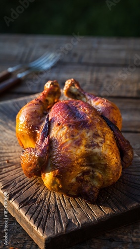 Wallpaper Mural Roasted chicken with drumsticks on a wooden board outdoors. Torontodigital.ca