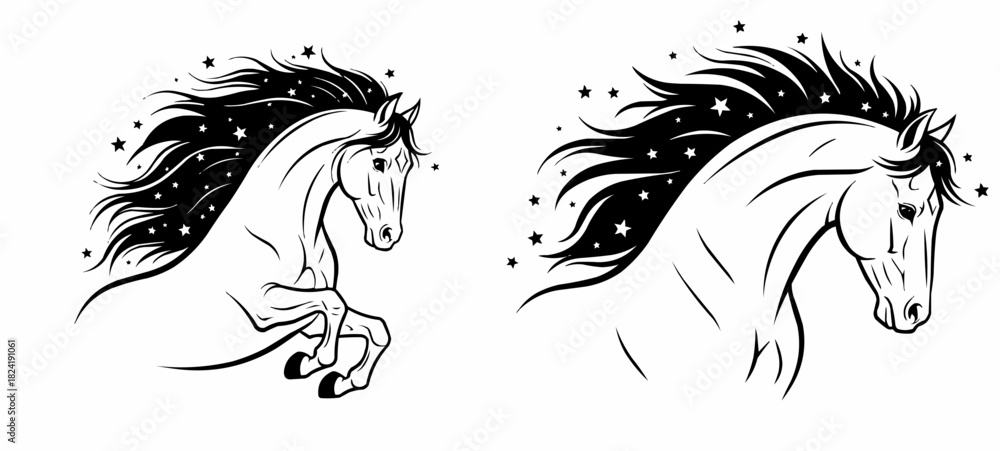 Obraz premium Vector Black and white horse illustrations with flowing manes and stars 