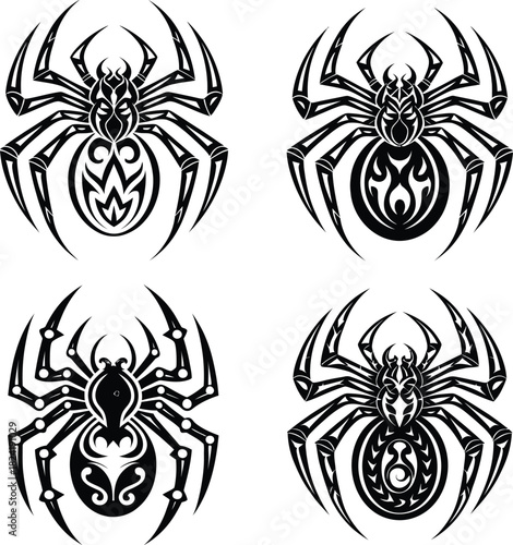 Tribal Spider Icon Set, Ornamental Tattoo Arachnid Vector illustration