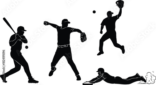 Baseball player silhouettes batting, pitching, catching, and sliding