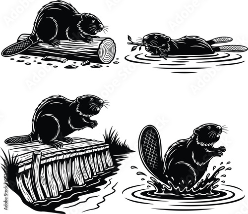 Set of beaver silhouettes on log, in water, and near dam