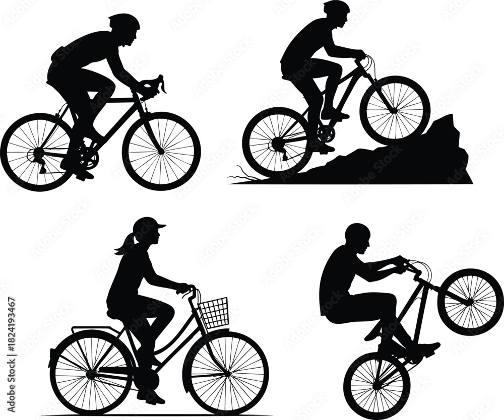Fototapeta premium Cyclist silhouettes riding bicycles, mountain biking, and performing stunts