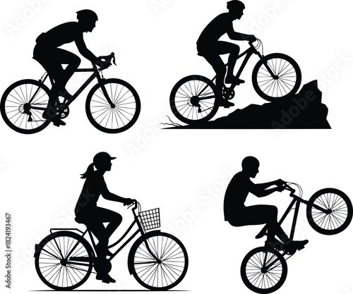 Cyclist silhouettes riding bicycles, mountain biking, and performing stunts