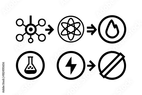 Black and white icons showing energy conversion process flow