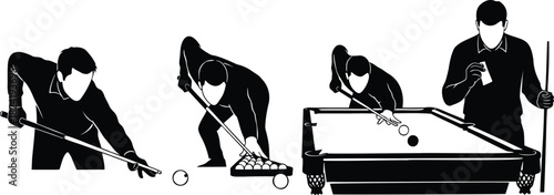 Billiards players silhouettes aiming, racking balls, and shooting at pool table