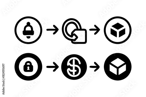 Black and white icon set showing process flow for security and finance