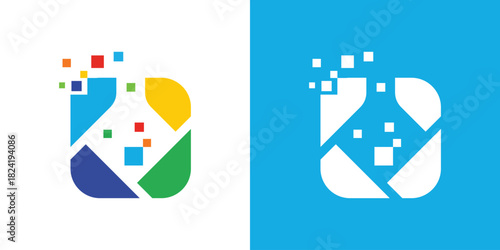 A modern dual-meaning logo combining a laboratory flask with digital pixel elements, symbolizing innovation, tech-driven research, and smart scientific solutions.