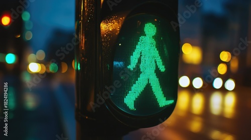Green pedestrian signal illuminated at night showing a walking figure in a city environment with blurred traffic lights in the background
