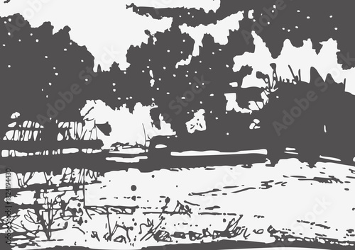 Rural landscape. Graphic monochrome ink drawing. Vector illustration