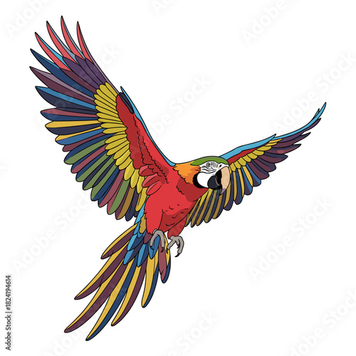 A vibrantly colored macaw with outstretched wings soars gracefully through the air, showcasing its stunning red, blue, yellow, and green plumage.