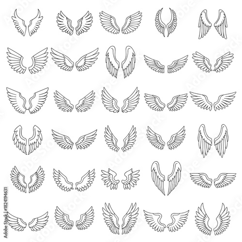 Vector illustration pack showcasing a wide variety of stylized wings, including angelic, bird, and mythical designs in black outlines.
