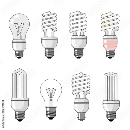 Diverse collection of light bulbs, featuring traditional incandescent and energy-saving compact fluorescent lamps, highlighting modern lighting choices.