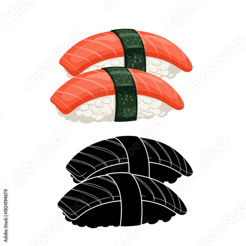 Two salmon nigiri sushi pieces are illustrated in full color and a black and white silhouette, showcasing this popular Japanese delicacy.