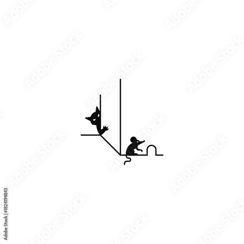 Cat hunting mouse vector illustration.