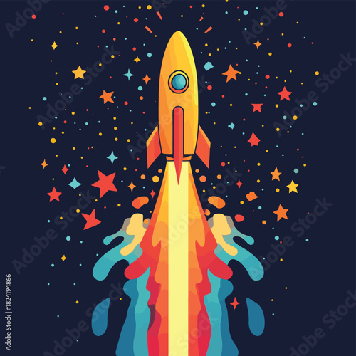 A vibrant digital illustration depicting a stylized firework rocket exploding with dynamic starbursts against a dark sky, perfect for celebrating festive occasions
