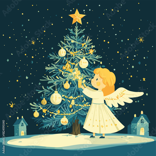 This flat design vector offers a close-up of a delicate angel ornament adorning a Christmas tree within a church, symbolizing peace and divine presence. , vector style simple color