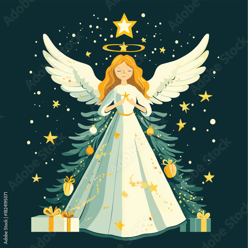 This flat design vector offers a close-up of a delicate angel ornament adorning a Christmas tree within a church, symbolizing peace and divine presence. , vector style simple color