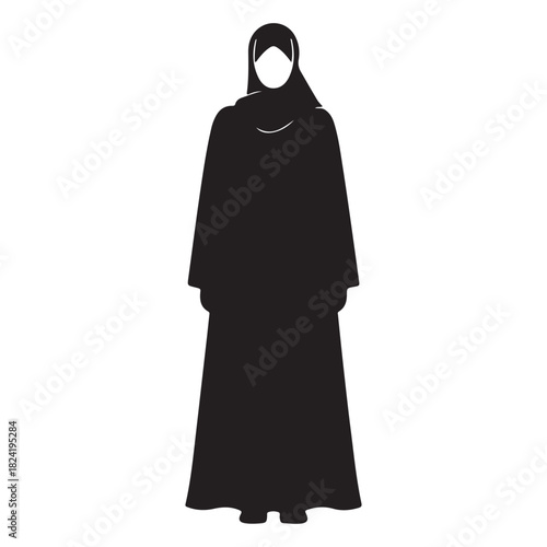  Full body silhouette of a woman wearing a traditional abaya and hijab silhouette