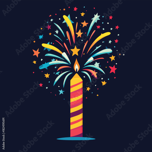 A dynamic concept art illustration of a Roman candle firework, depicted actively shooting multiple colorful 'stars' upwards, signifying a lively celebration
