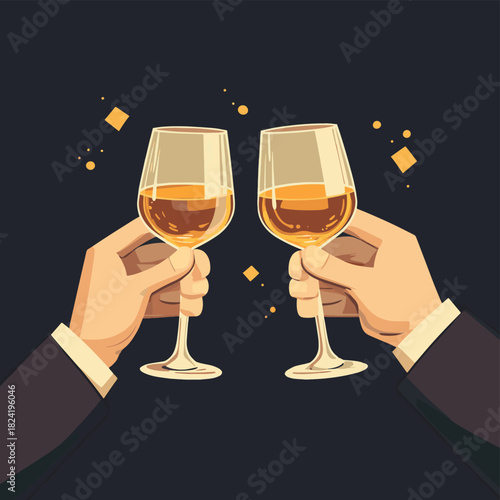A refined flat design illustration depicting two hands clinking whisky glasses in a toast, symbolizing celebration and good cheer. , vector style simple color