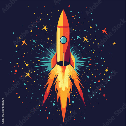 A vibrant digital illustration depicting a stylized firework rocket exploding with dynamic starbursts against a dark sky, perfect for celebrating festive occasions