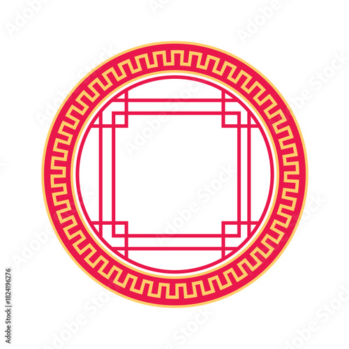 Flat Chinese circular frame in red and gold with classic geometric border perfect for Lunar New Year themes decorative projects cultural graphics invitations ornaments and elegant festive layouts toda