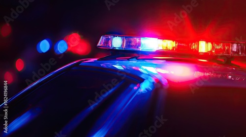 Emergency Vehicle Lights Flashing at Night in Urban Setting, Creating Blue and Red Illumination for Crime Scene or Traffic Accident Response