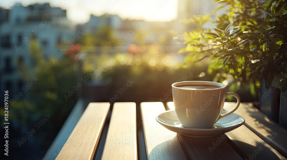 Obraz premium Warm morning sunlight illuminates a steaming cup of coffee on a wooden table surrounded by vibrant greenery in a tranquil outdoor setting