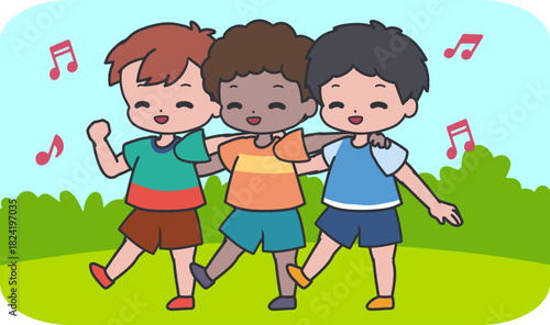 Three Friends Embracing and Having Fun Outdoors. Perfect for education materials, kid themes, family content, posters, storybooks, and playful designs.